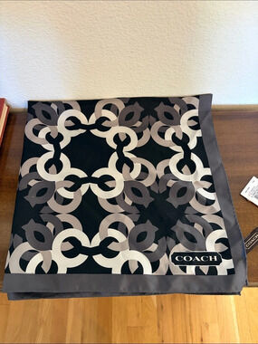 Coach Op Art Floral Square Scarf Silk Black & Gray Monogram NWT